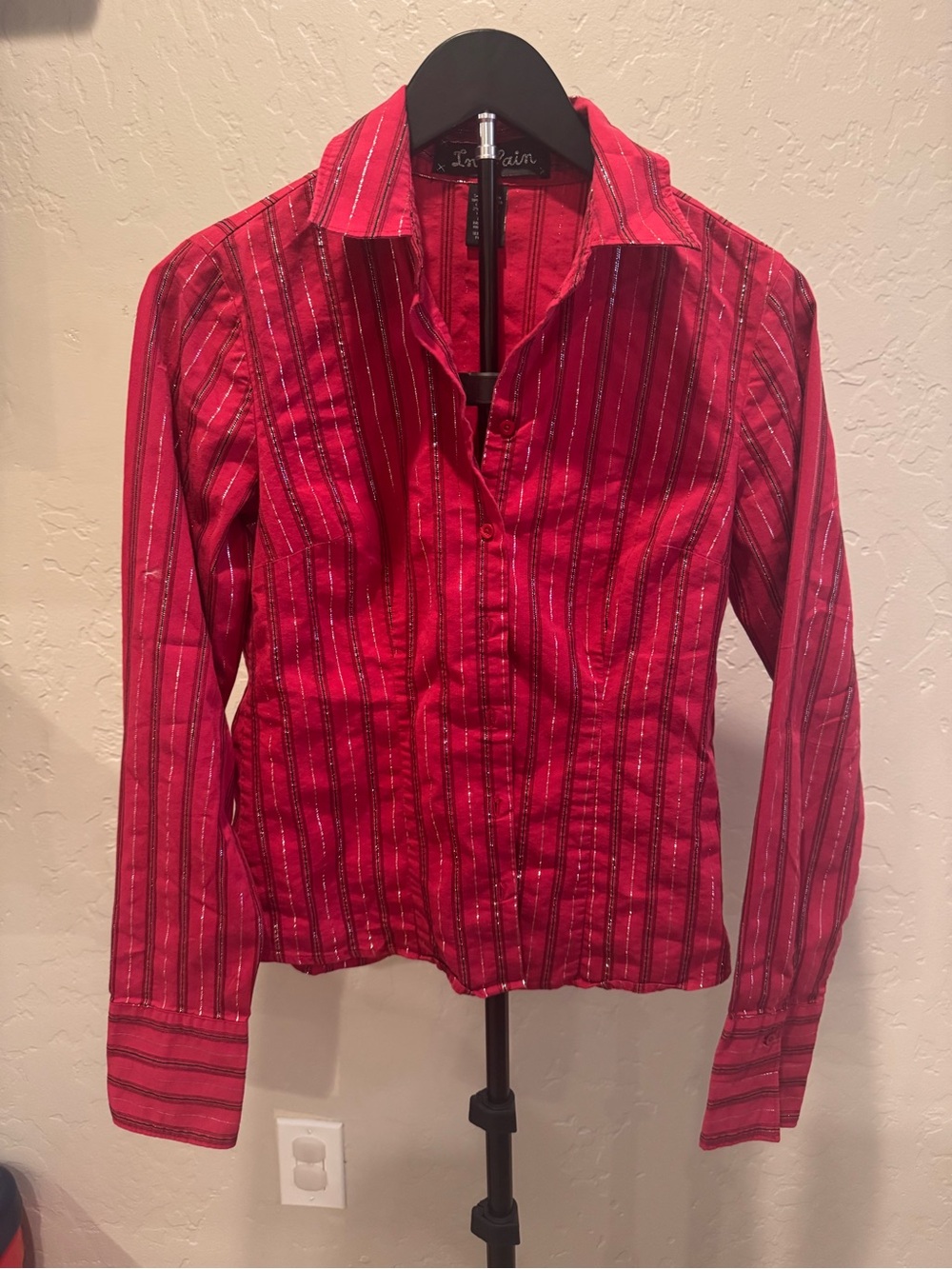 Y2K hot pink Striped Button-Down Shirt with Metallic Detail